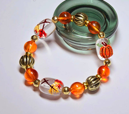 Autumn Fall Leaf Pumpkin Beaded Bracelet