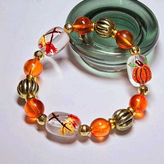 Autumn Fall Leaf Pumpkin Beaded Bracelet