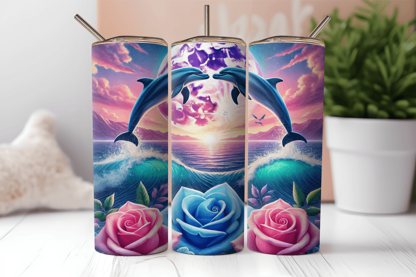 Dolphins & Roses, 20oz tumbler