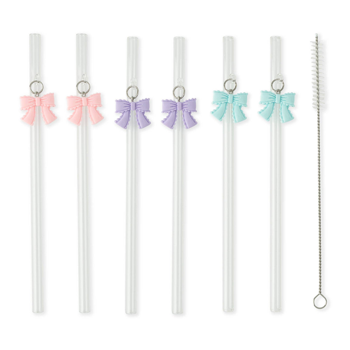 7pk Glass Straw Set - Hanging Pastel Bow