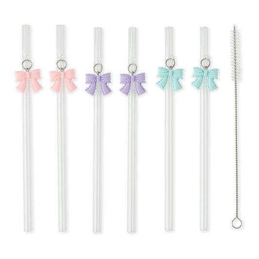 7pk Glass Straw Set - Hanging Pastel Bow