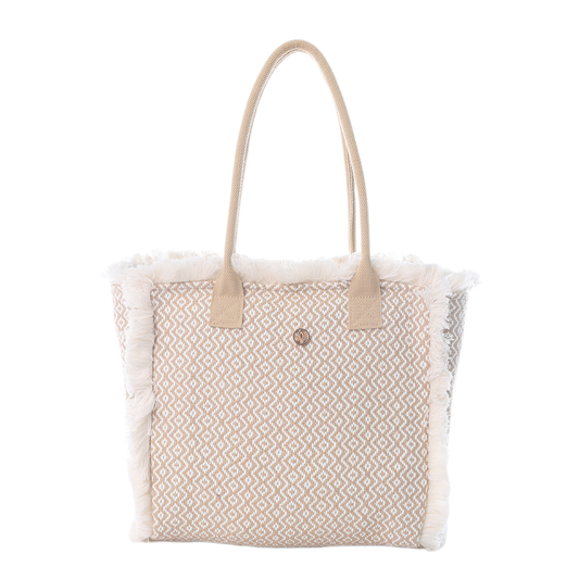 Beige Ikat Patterned Tote with Fringe Trim