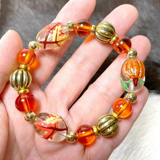 Autumn Fall Leaf Pumpkin Beaded Bracelet