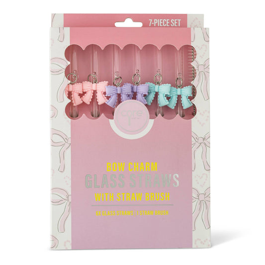 7pk Glass Straw Set - Hanging Pastel Bow