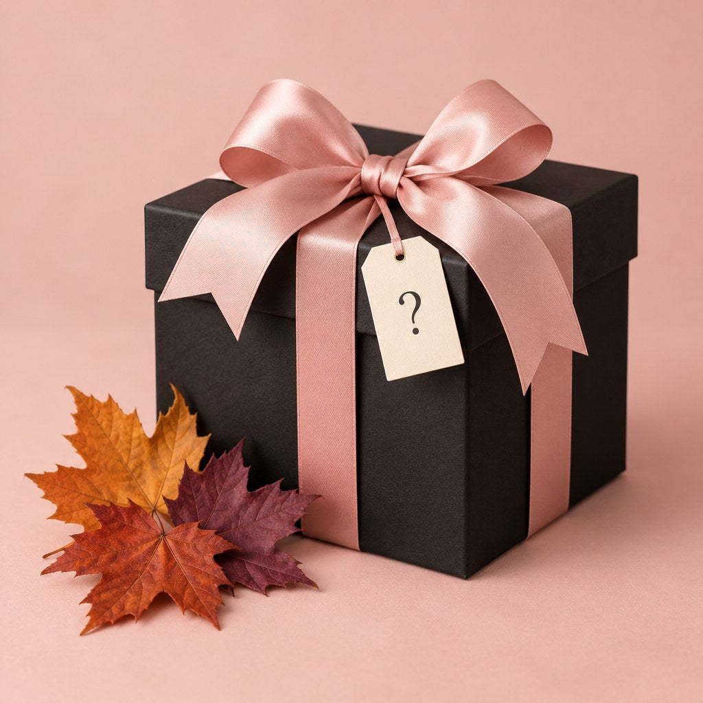 A wrapped mystery gift box with a question mark tag