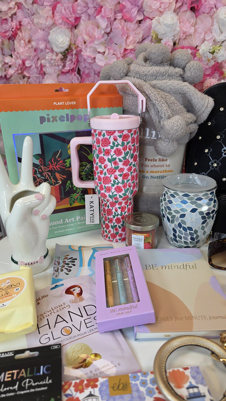 Rose tumbler, diamond art kit, peace sign ring holder and hand mask