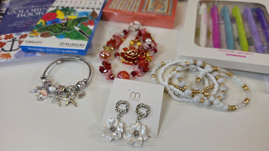 Charm bangle, bracelet stacks and flower earrings